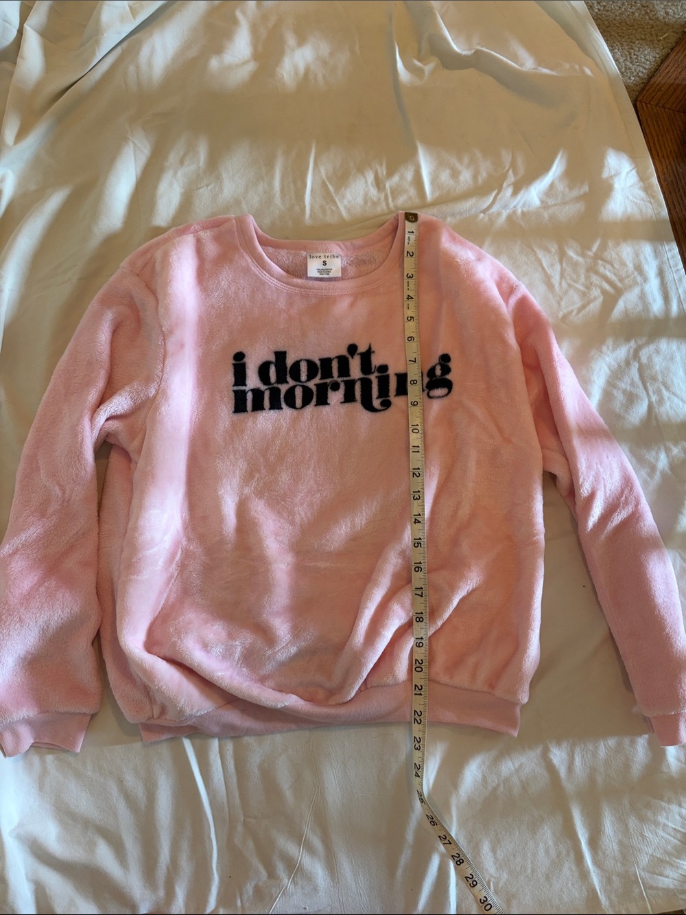 Love Tribe Pink Fleece Crewneck with Black 'i don't morning' Text